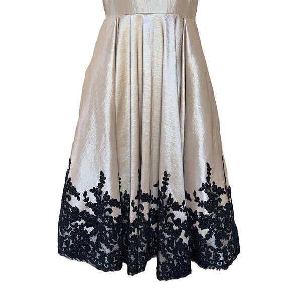 Mac Duggal Formal Dress Tea Length Champagne Taffeta Black Lace Trim Fit & Flare - Picture 7 of 16